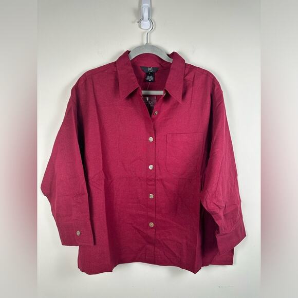 NWT iOS Vintage 100% Linen Blend Button Down 3/4 Sleeve Deep Red Size Large - Picture 1 of 8